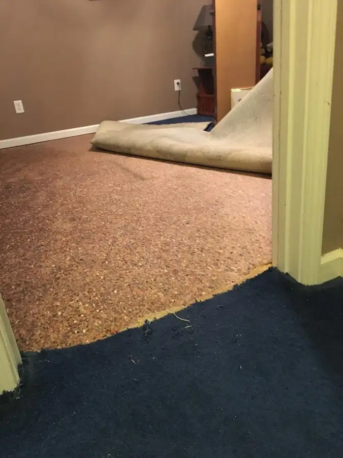 Carpet pad removal revealing water damage during Water Mitigation Services in Hercules